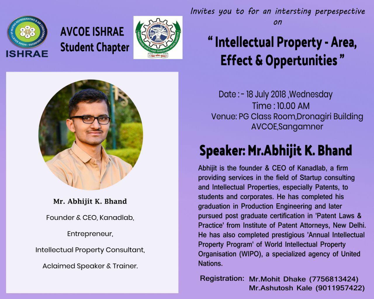 Seminar on “Intellectual Property – Area, Effect & Opportunities” at ISHRAE Students Chapter, Amrutvahini College of Engineering