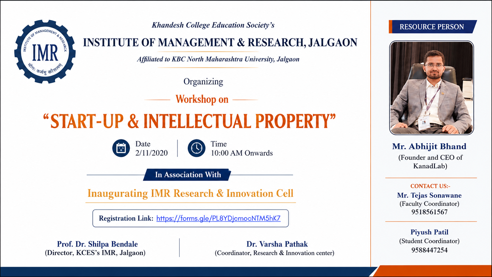 Abhijit Bhand Addresses Workshop on Start-ups and Intellectual Property at IMR, Jalgaon