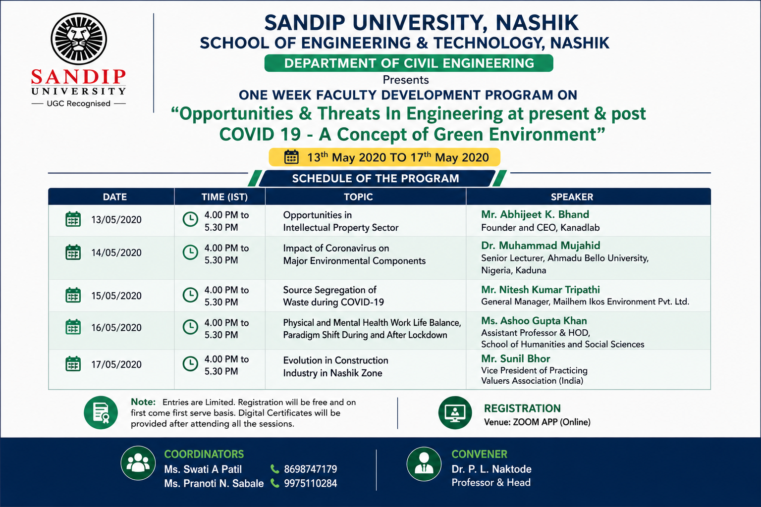 Abhijit Bhand Joins Distinguished Panel at Sandip University FDP, Highlights Intellectual Property as a Driver of Post-Pandemic Engineering Innovation